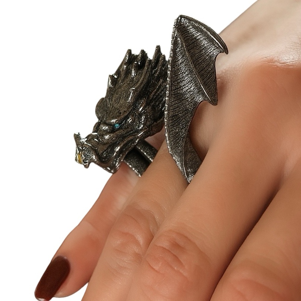 Gothic Double Finger Dragon Statement Ring Silver… - image 2